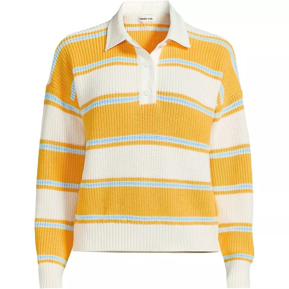 Lands End Drifter Cotton Rugby Stripe Shaker Knit Polo Sweater Yellow White 3X
